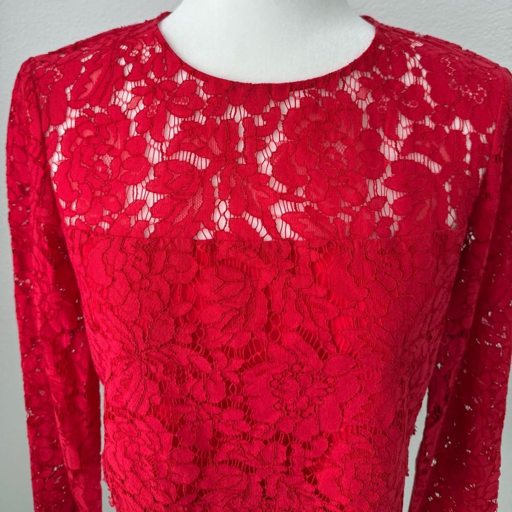 Diane von Furstenberg DVF Yeva Lace Top Red Floral Sheer Long Sleeve Blouse Sz 6 - Picture 3 of 7